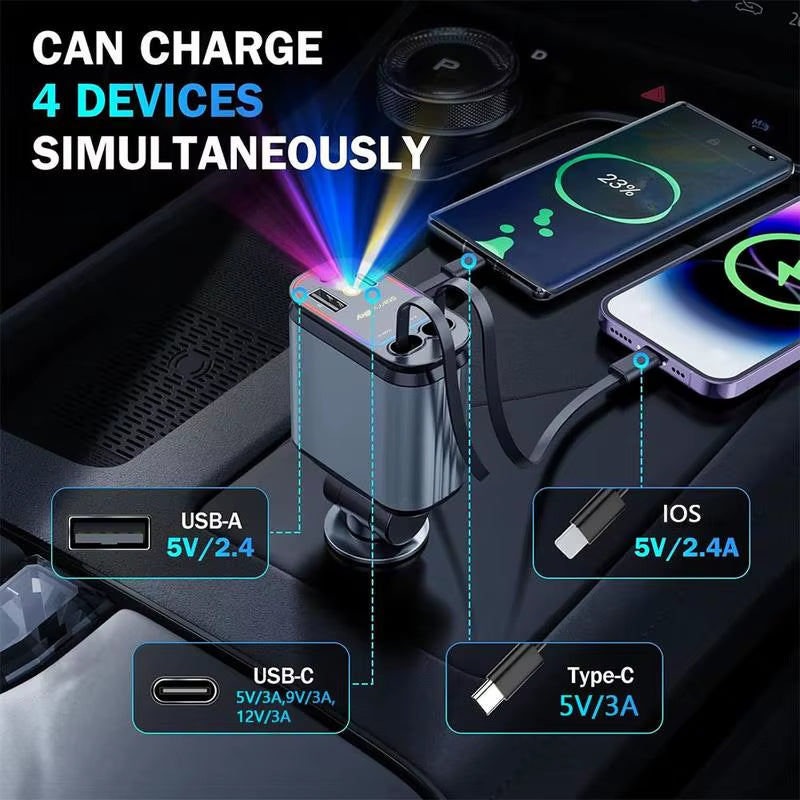 4 in 1 Car Charger with Starry Sky Spotlightretractable Car Charger with Charging Cable & 2Charging Ports, Universal Car Charger